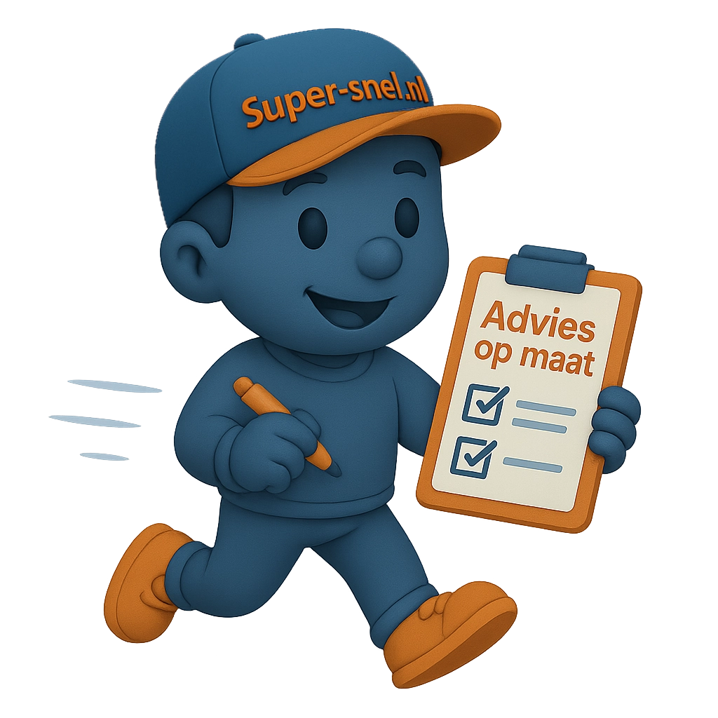 Mascotte van Super-snel.nl toont clipboard met ‘Advies op maat’ en checklist