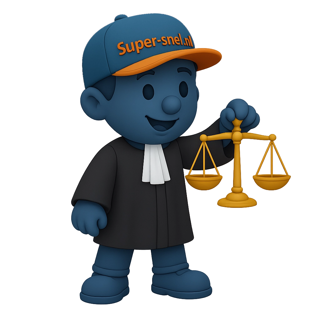 Mascotte van Super-snel.nl in advocaattoga met weegschaal