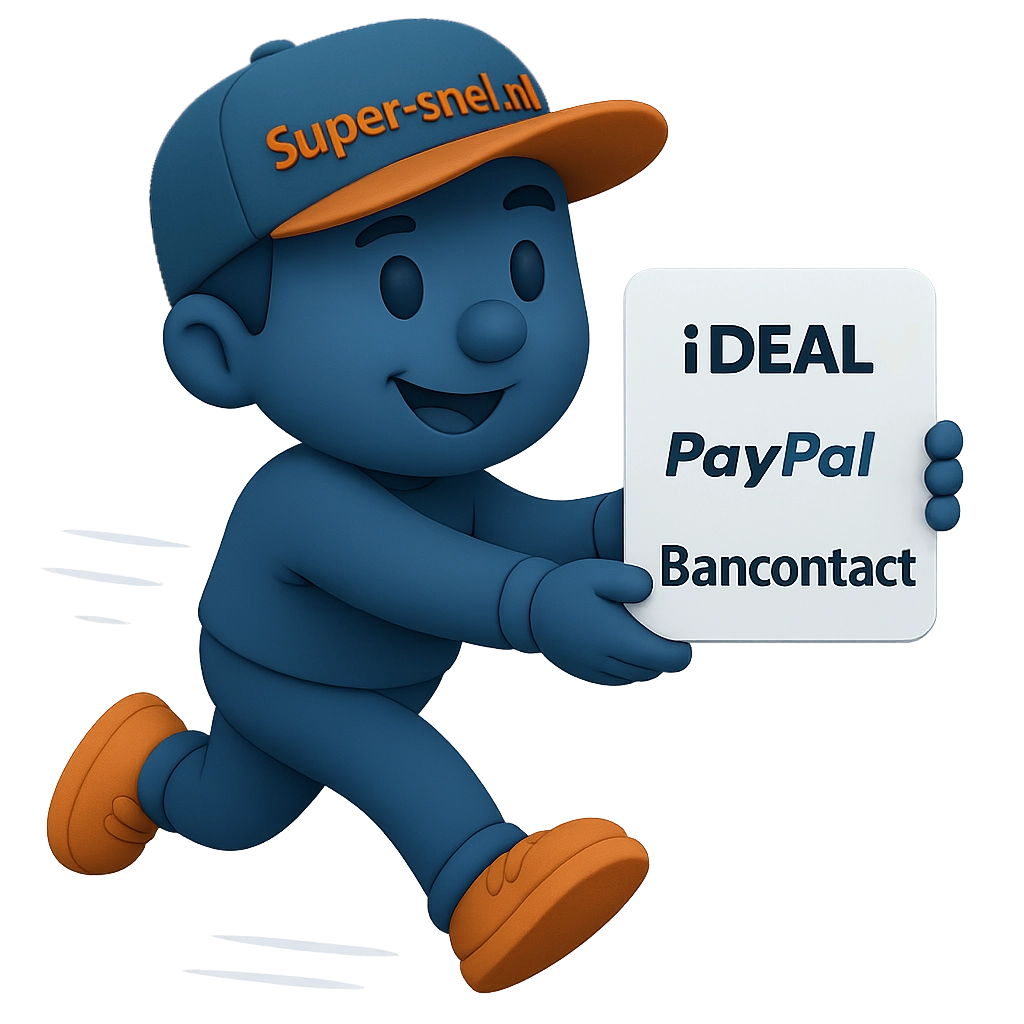 Vriendelijke bezorg-mascotte Super-snel.nl met iDEAL/PayPal/Bancontact-bord.