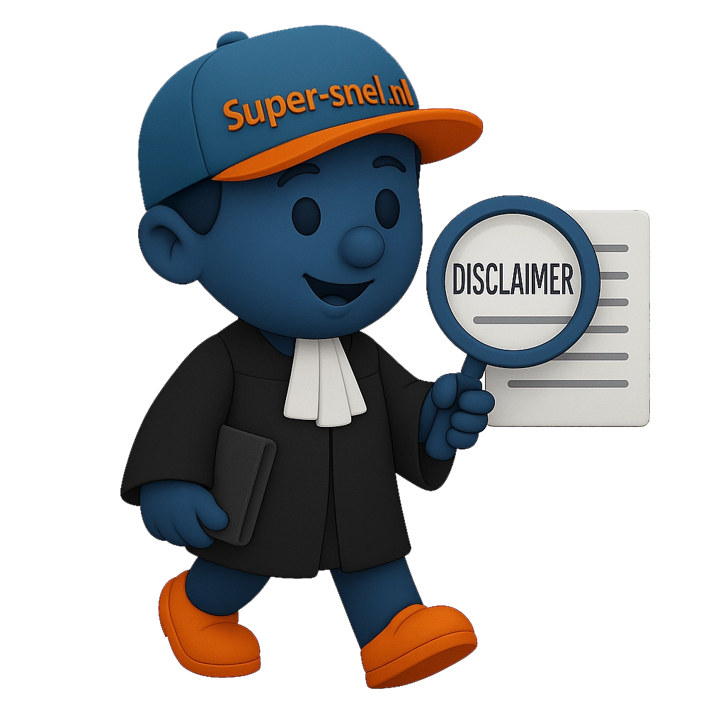 Mascotte van Super-snel.nl in advocaattoga met vergrootglas bij document ‘Disclaimer’