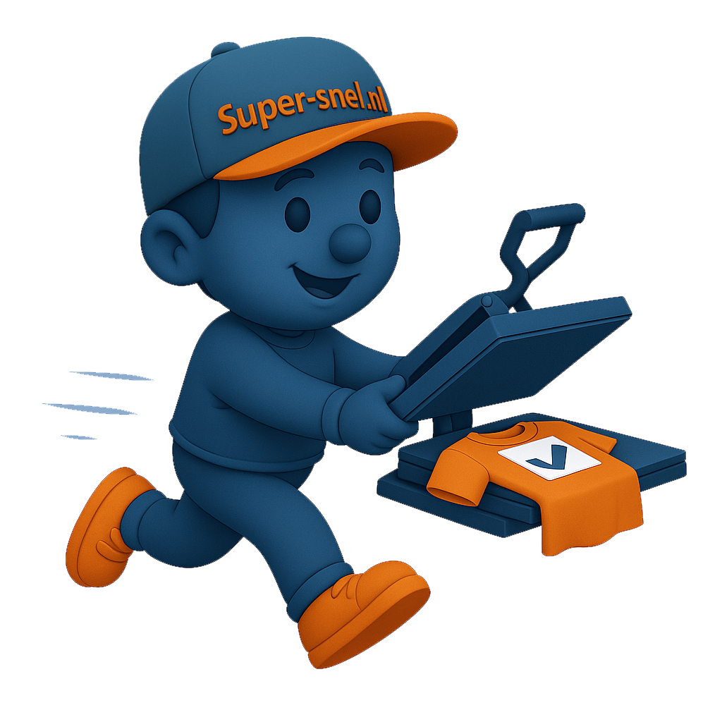 Vriendelijke Super-snel.nl-mascotte werkt met hittepers – transfer druktechniek op T-shirt