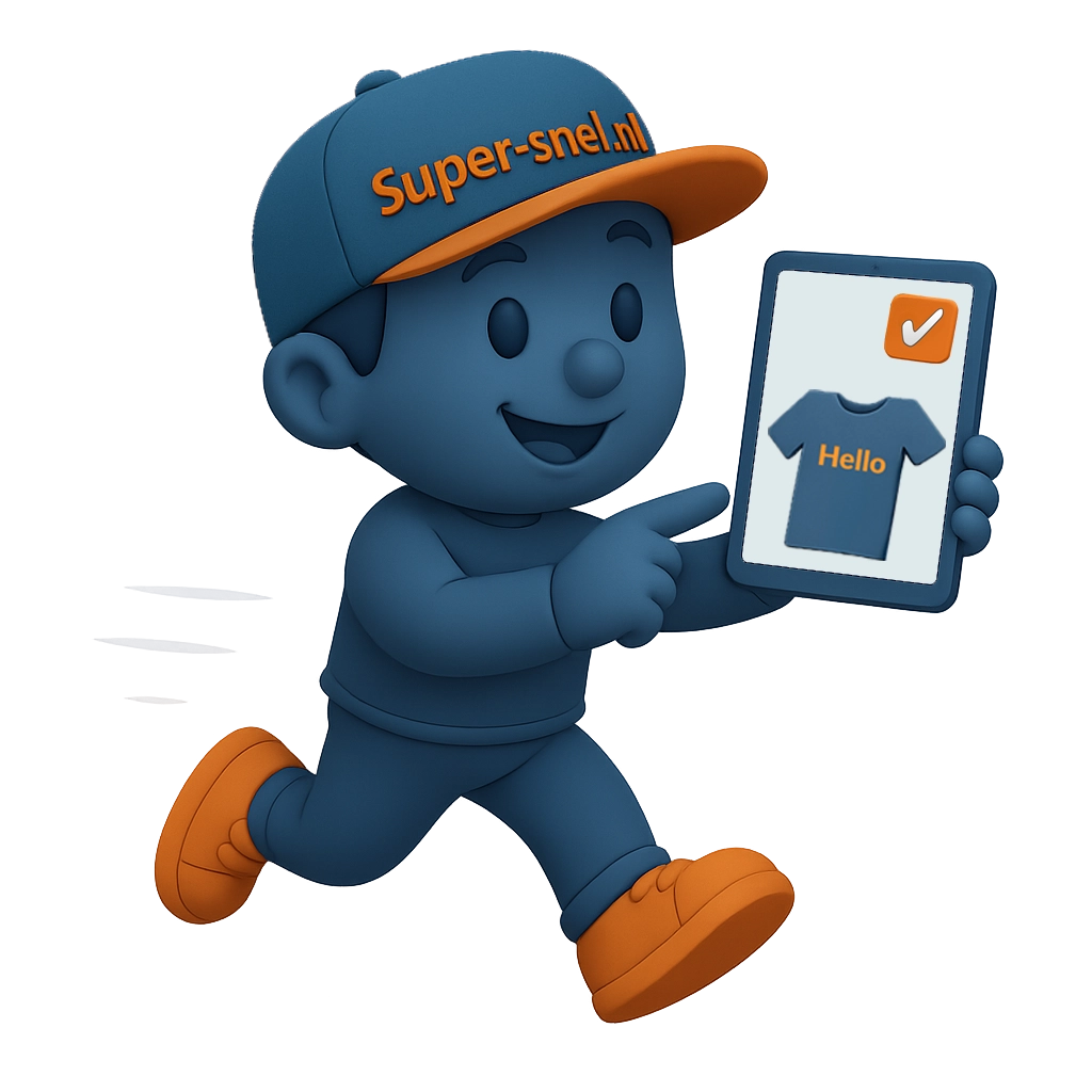 Vriendelijke Super-snel.nl-mascotte toont digitale proef op tablet.
