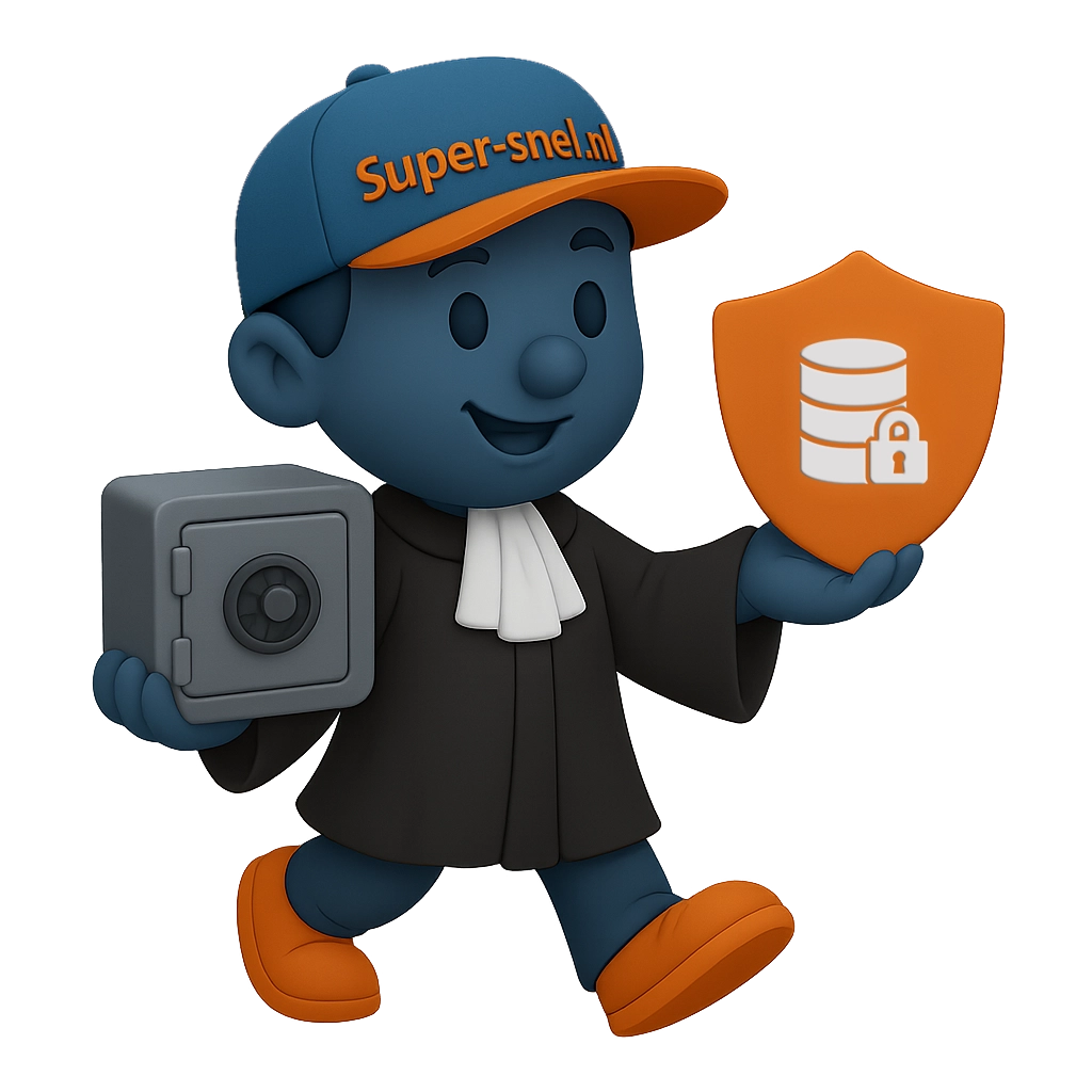 Mascotte van Super-snel.nl in advocaattoga met kluis en schild met database en slot (privacyverklaring)