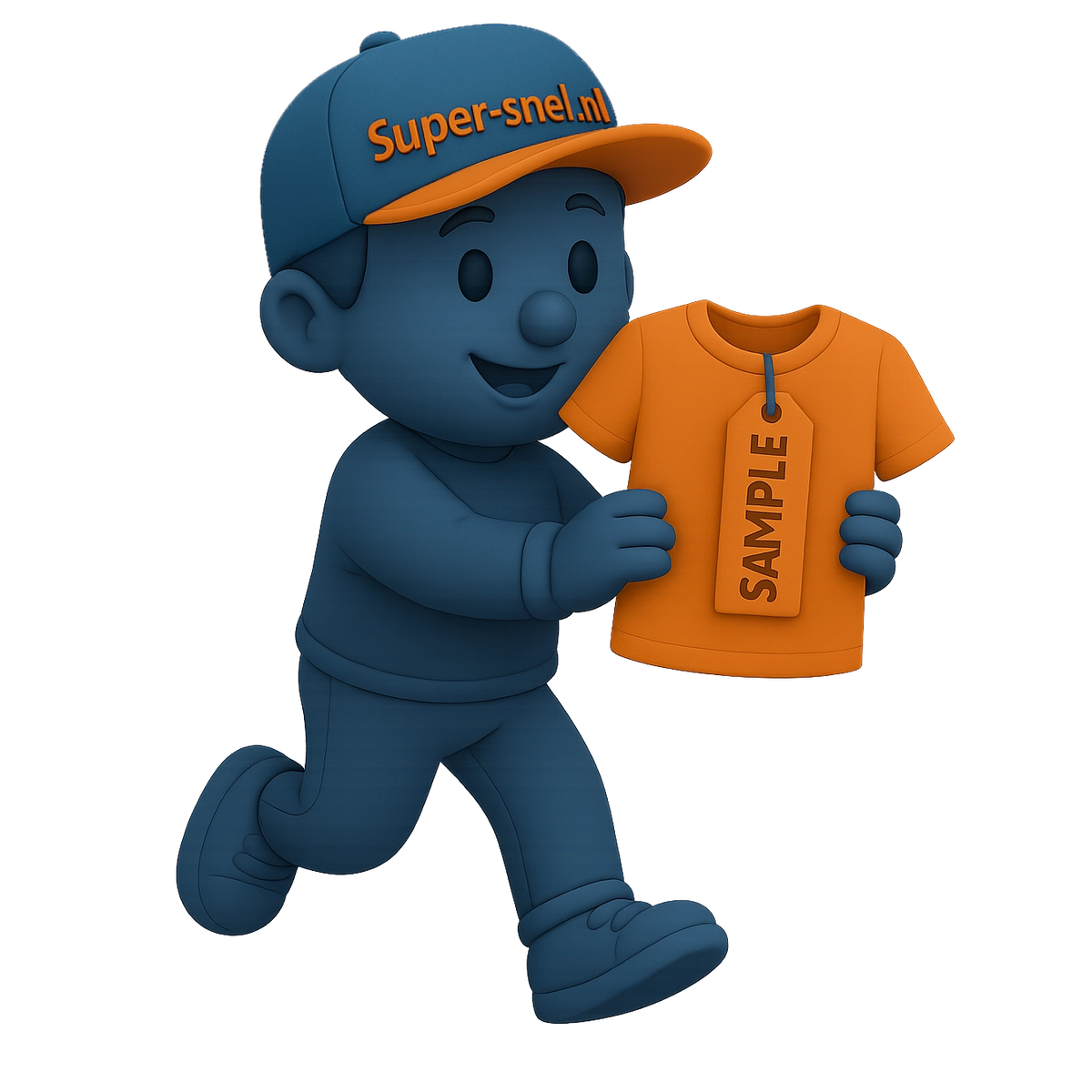 Mascotte van Super-snel.nl met onbedrukt T-shirt en Sample-label