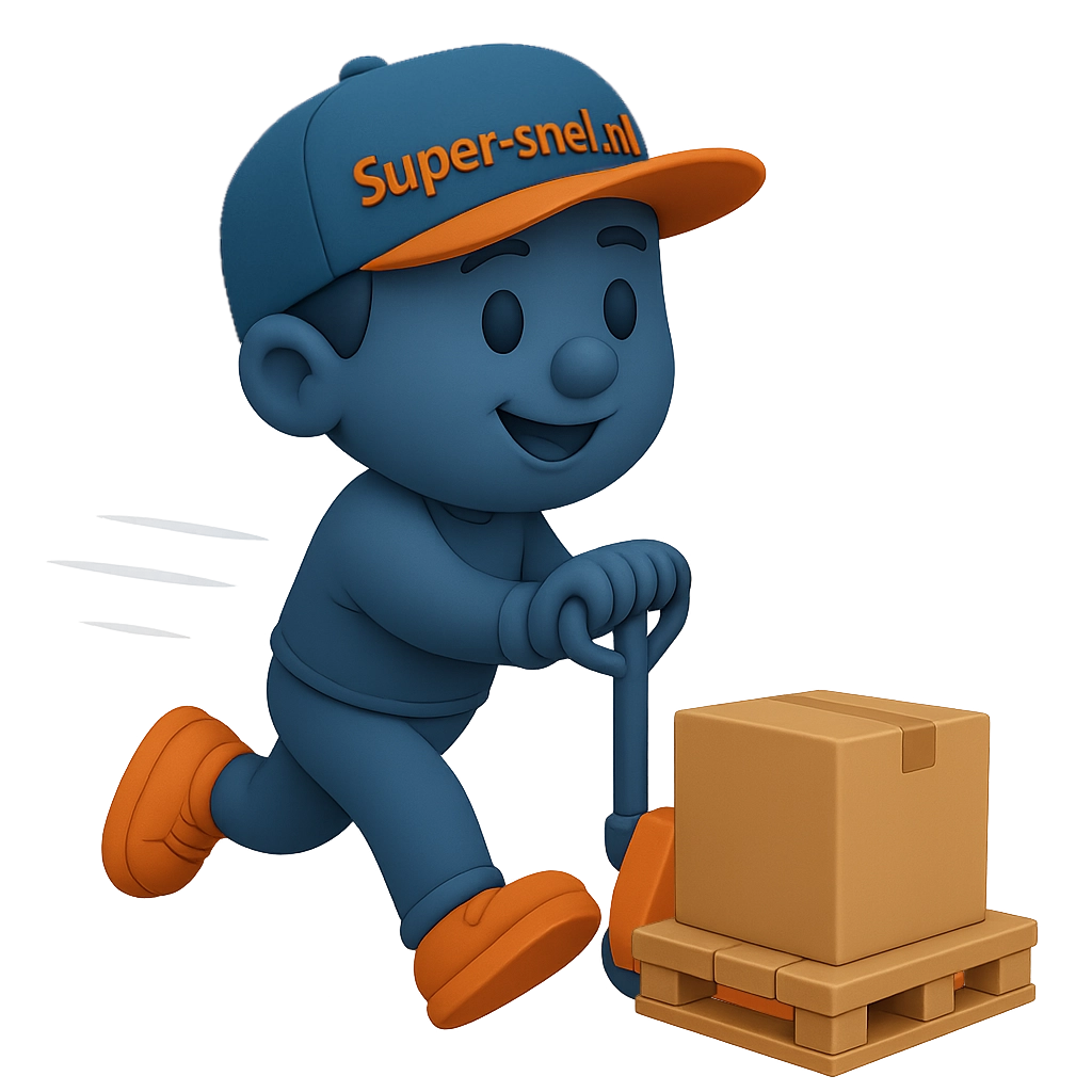 Vriendelijke bezorg-mascotte van Super-snel.nl met pakket op palletwagen.