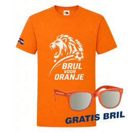 Oranje T-shirt met Brul voor Oranje print, leeuw met voetbal en Nederlandse vlag op de rechtermouw