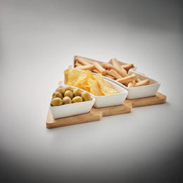 Bamboe kerstboom serveerset met 3 schaaltjes met hapjes, Wit en beige - 19cx1502