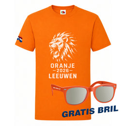 Oranje T-shirt met Leeuwen 2026 print en Nederlandse vlag op de rechtermouw