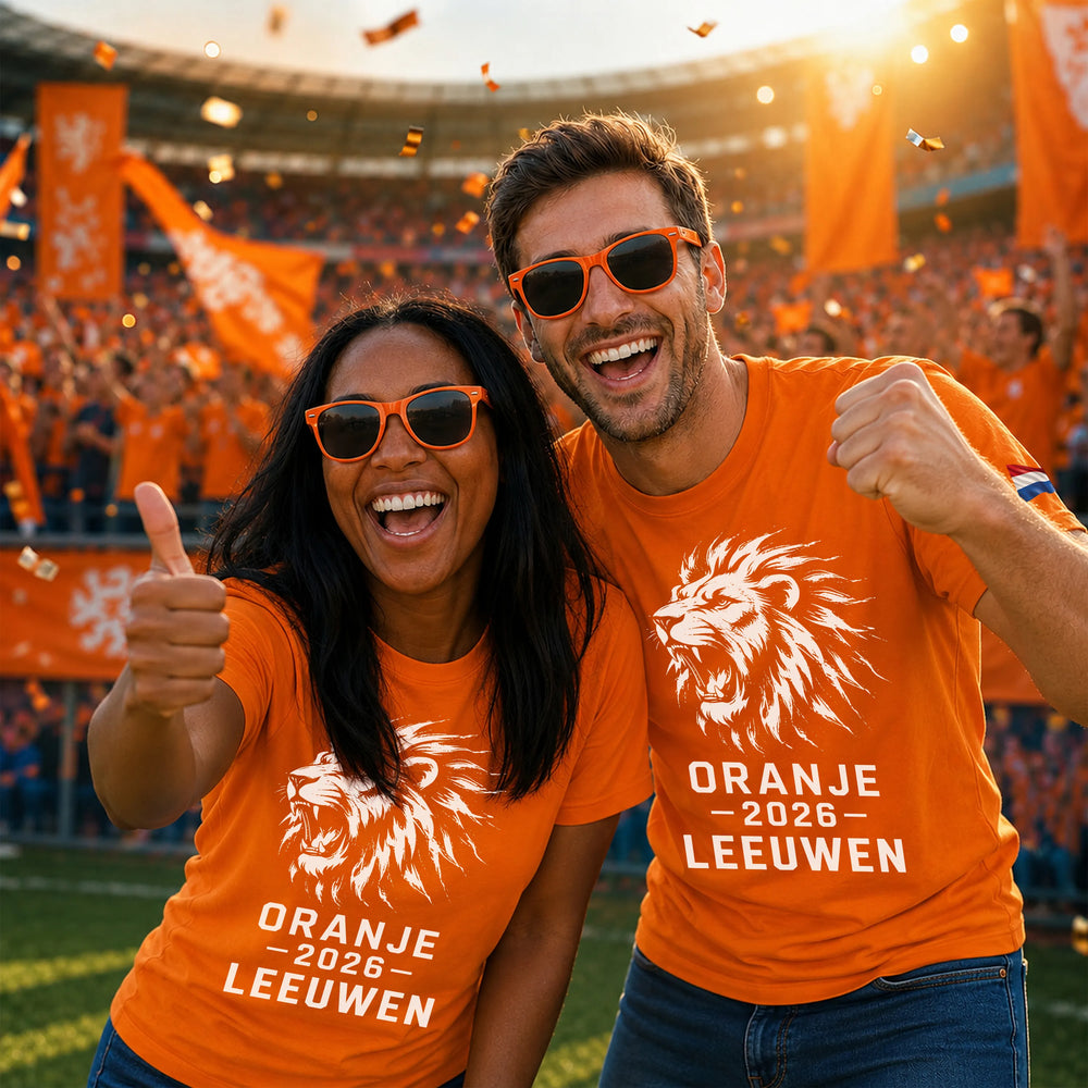 Twee vrolijke supporters in een stadion met oranje Leeuwen 2026 T-shirts