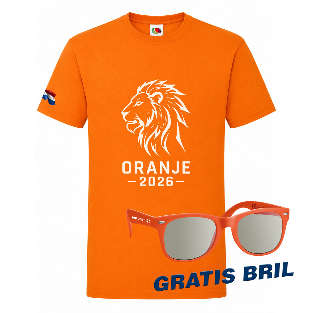 Oranje T-shirt met leeuw en Oranje 2026 print en Nederlandse vlag op de rechtermouw