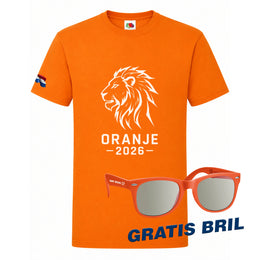 Oranje T-shirt met leeuw en Oranje 2026 print en Nederlandse vlag op de rechtermouw