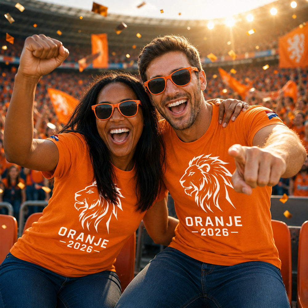 Twee supporters in een stadion met oranje Oranje 2026 T-shirts